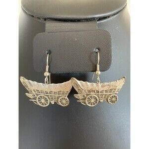 Covered Wagon Dangle Earrings Silver Tone Western Oregon Trail Wild West